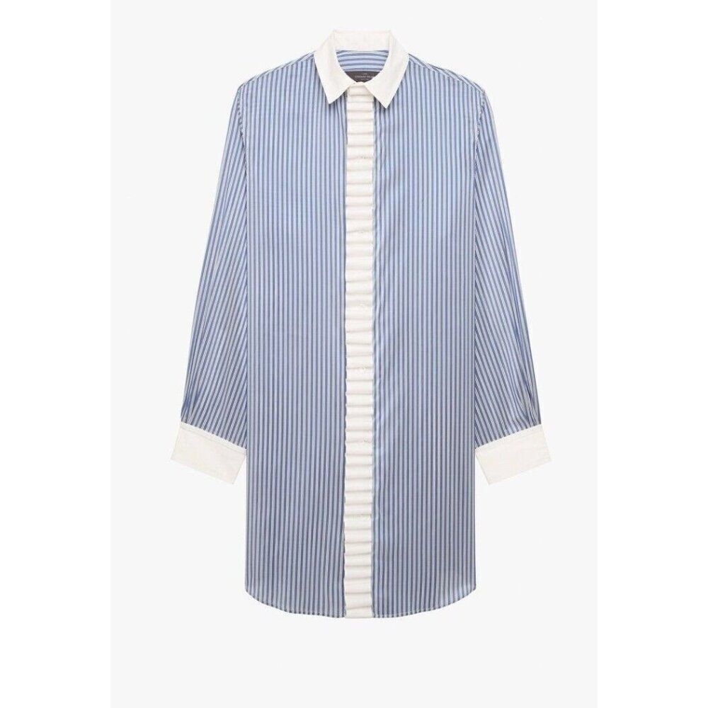 Zara Stefano Pilati Women Dress M Blue Striped Placket Long Sleeve 9078/702 NWT